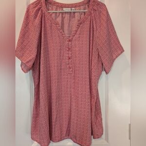 Kim Rogers Coral Print Blouse 1X Lightweight Button Front Top